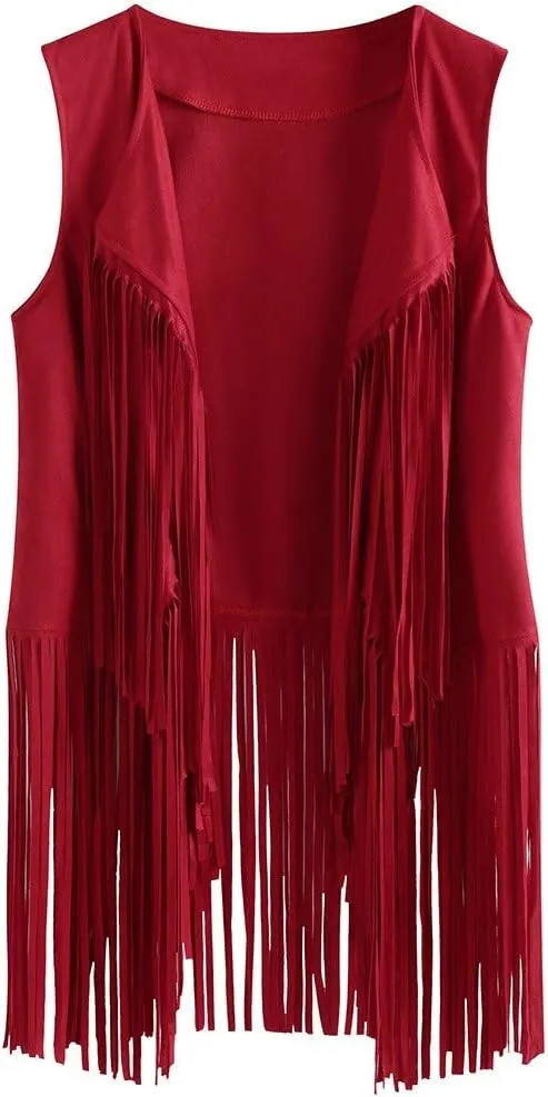 Womens Retro Western Fringe Vest Tops Classic Suede Leather 70s Cowboy Shirt Sleeveless Tassels Cardigan Jackets