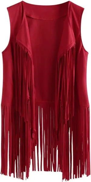 Womens Retro Western Fringe Vest Tops Classic Suede Leather 70s Cowboy Shirt Sleeveless Tassels Cardigan Jackets