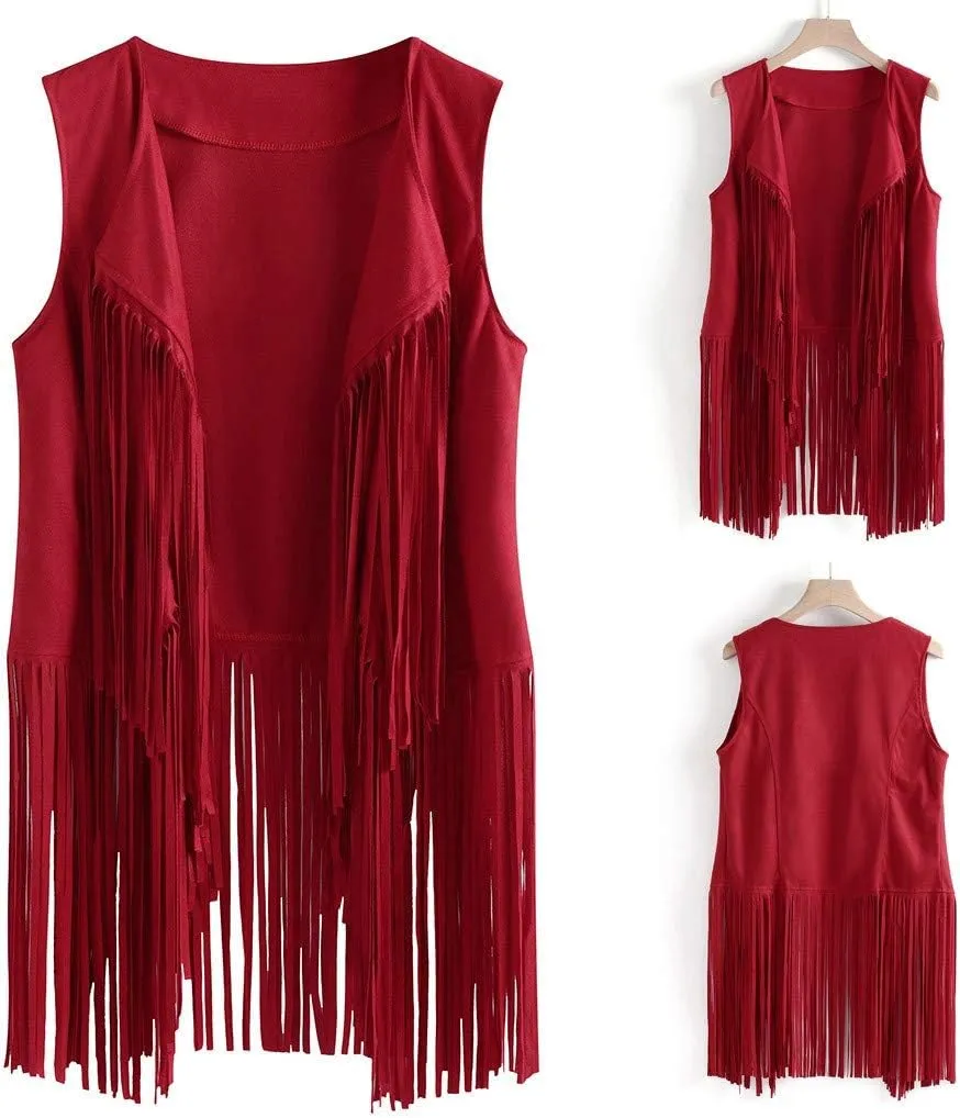 Womens Retro Western Fringe Vest Tops Classic Suede Leather 70s Cowboy Shirt Sleeveless Tassels Cardigan Jackets