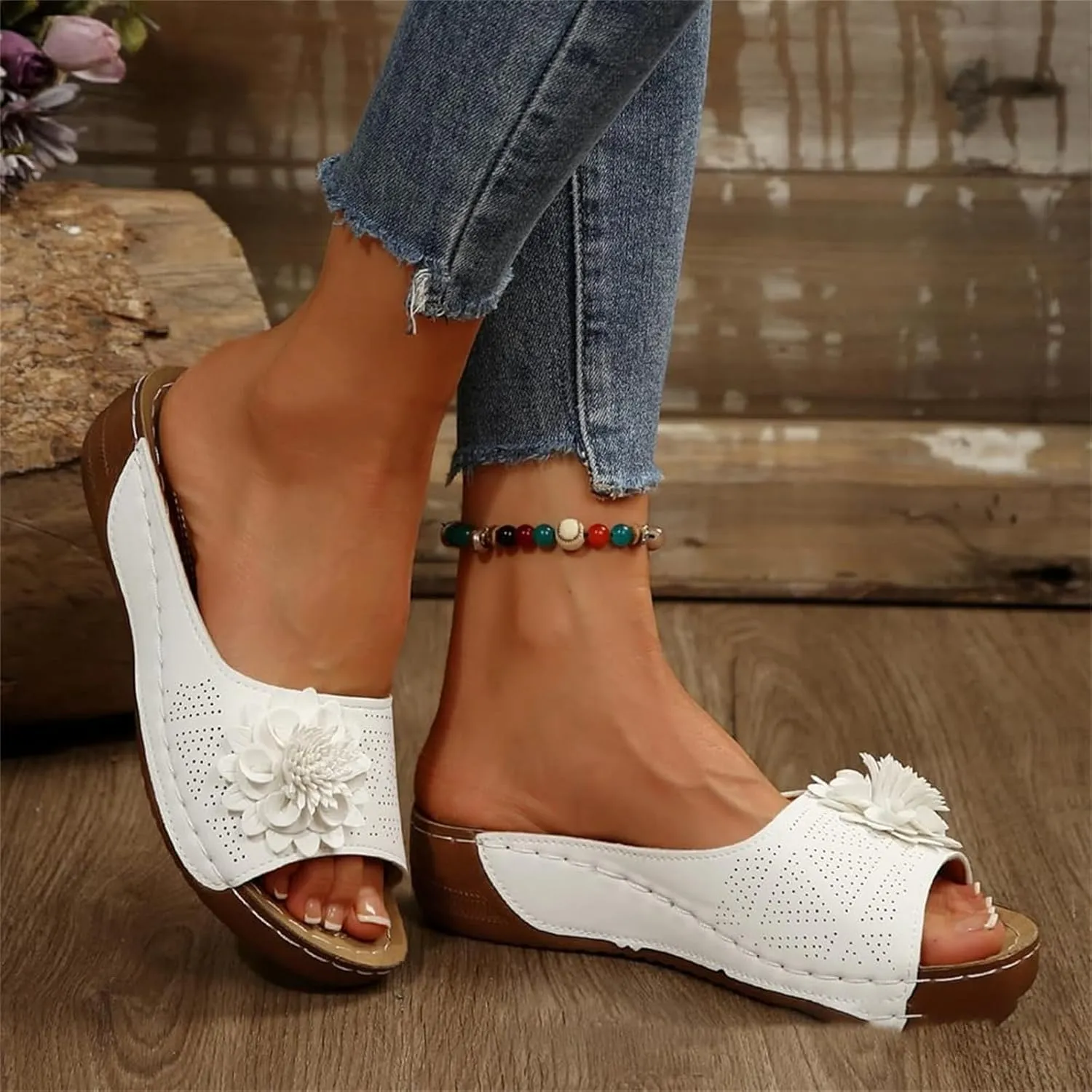 Women's Sandals Open Toe Flowers Arch Support Orthopedic Sandals Wedge Platform Roman Slippers Casual Summer Comfortable Beach Shoes