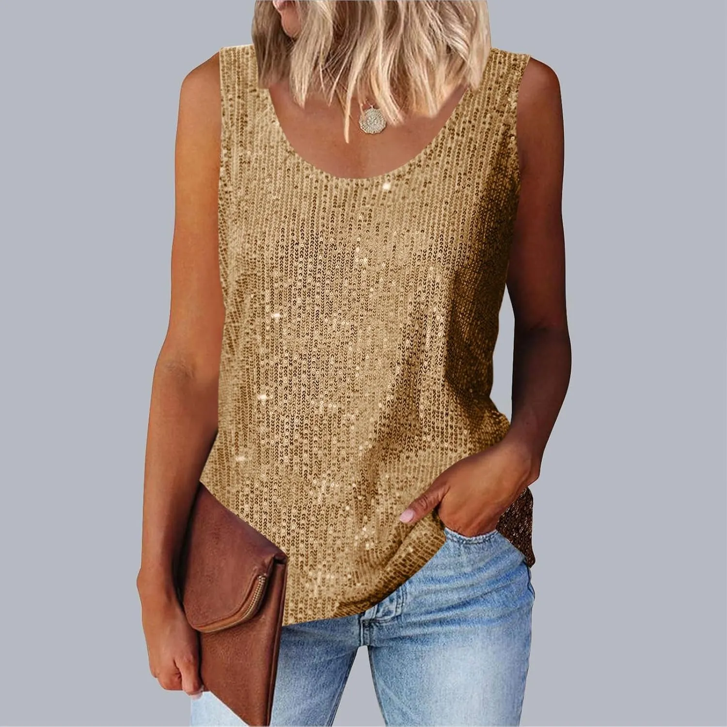 Women's Sequin Tank Top Summer Fashion Sparkly Sleeveless Tshirts Nightclub Party Glitter Scoop Neck Going Out Tops