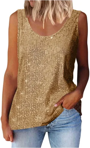 Women's Sequin Tank Top Summer Fashion Sparkly Sleeveless Tshirts Nightclub Party Glitter Scoop Neck Going Out Tops
