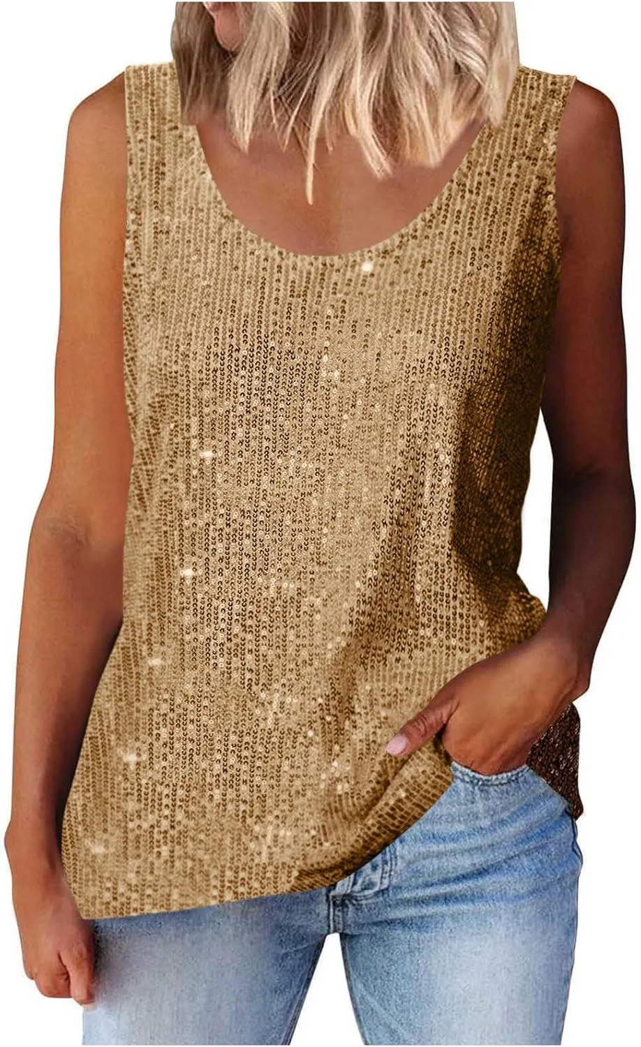 Women's Sequin Tank Top Summer Fashion Sparkly Sleeveless Tshirts Nightclub Party Glitter Scoop Neck Going Out Tops