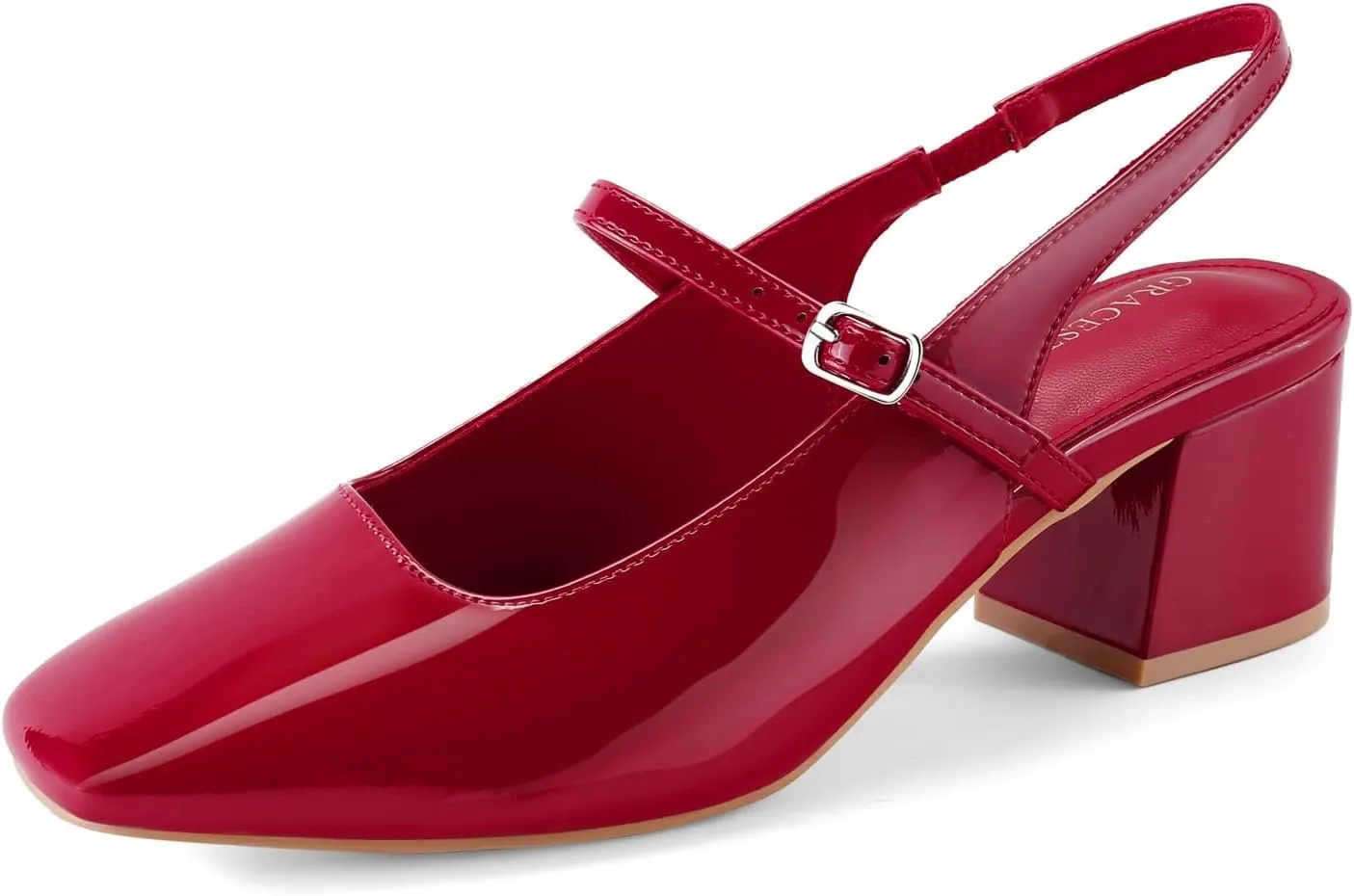 Women's Slingback Heels Low Chunky Heel Buckle Strap Pumps Square Toe Wedding Dress Shoes