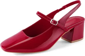 Women's Slingback Heels Low Chunky Heel Buckle Strap Pumps Square Toe Wedding Dress Shoes