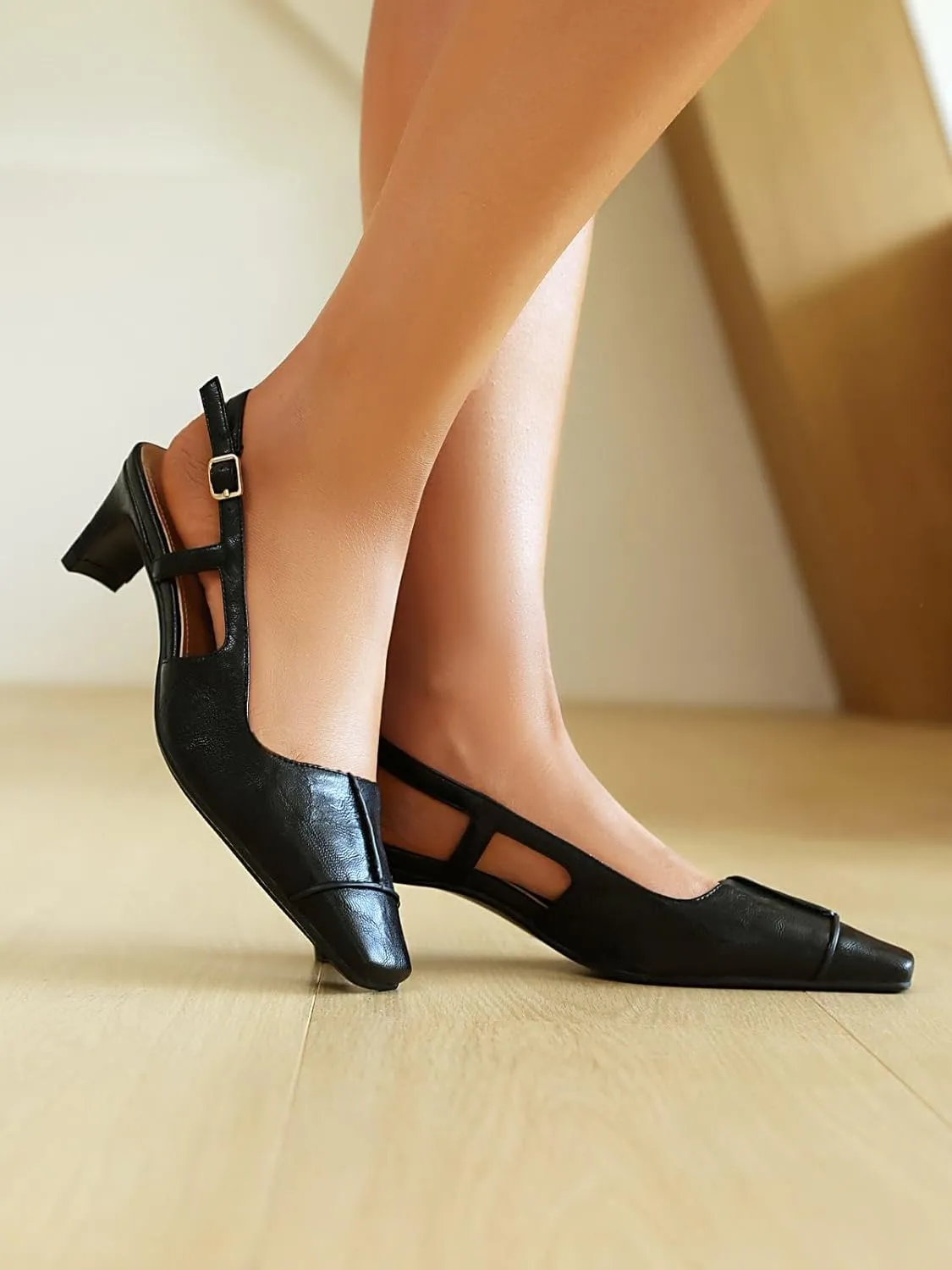 Women's Slingback Low Block Heels Square Toe Office Work Pumps Comfortable Dress Shoes
