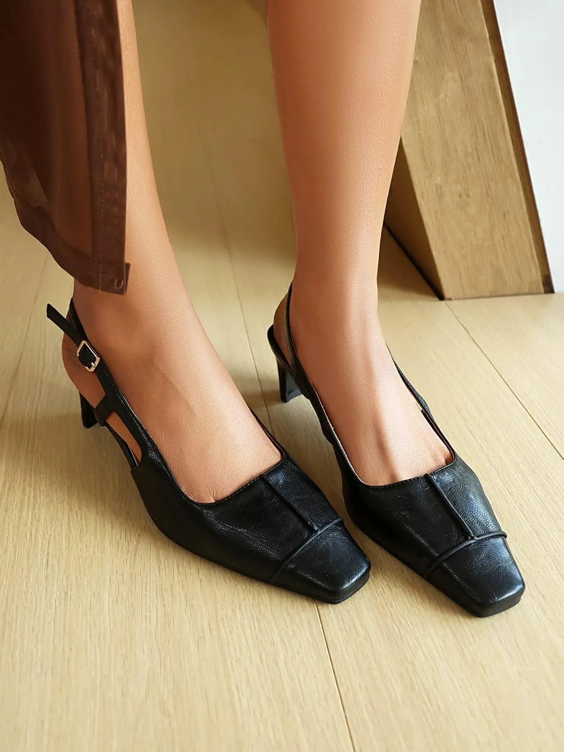 Women's Slingback Low Block Heels Square Toe Office Work Pumps Comfortable Dress Shoes