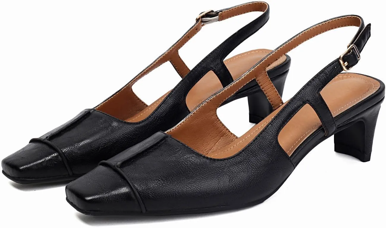 Women's Slingback Low Block Heels Square Toe Office Work Pumps Comfortable Dress Shoes