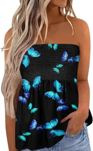Womens Smocked Strapless Bandeau Tank Tops Floral Tube Tops Backless Bandeau Tunic Tops Sleeveless Shirts