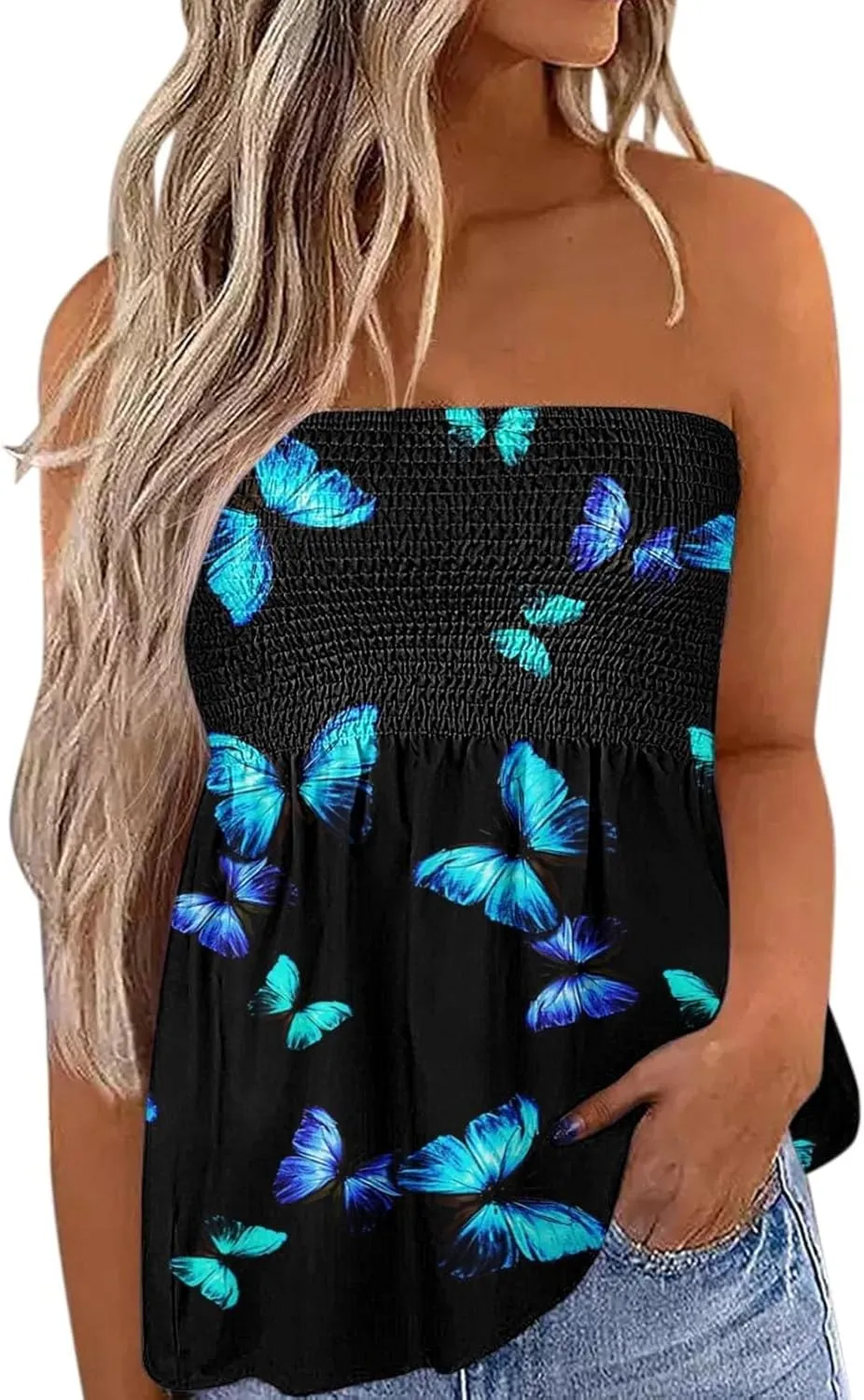 Womens Smocked Strapless Bandeau Tank Tops Floral Tube Tops Backless Bandeau Tunic Tops Sleeveless Shirts