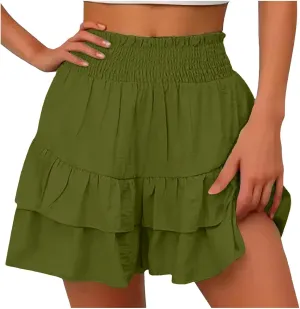 Womens Summer Flowy Mini Skorts Skirts Smocked Waist Ruffle Tiered Casual Cute Boho Beach Short Skirts Built-in Short