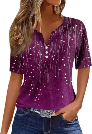 Women's T-Shirts Button Down Tunic Tops Short Sleeve Casual Blouses Henley V Neck Loose Fit Summer Clothes