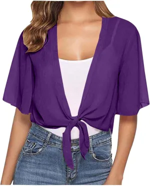 Women's Tie Front Knot Short Sleeeve Crop Tops Blouse Lightweight Chiffon Bolero Shrugs Summer Sheer Shawl Cardigans