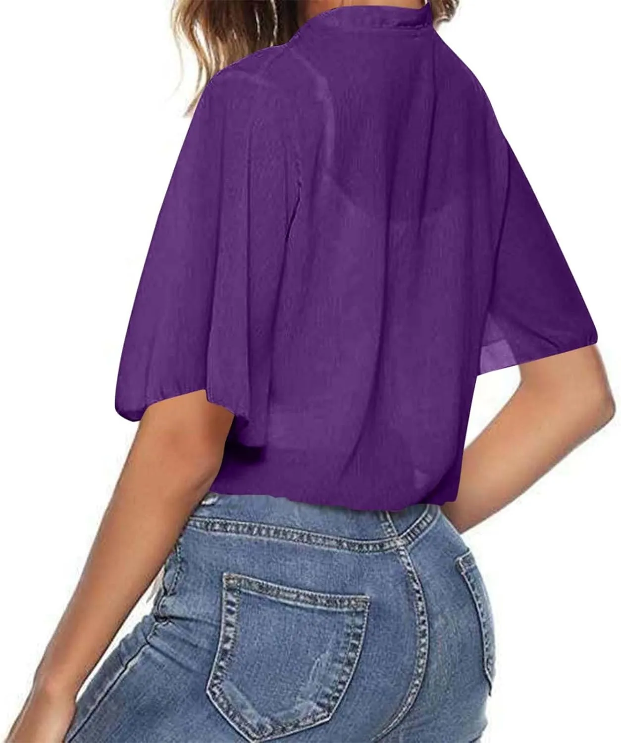 Women's Tie Front Knot Short Sleeeve Crop Tops Blouse Lightweight Chiffon Bolero Shrugs Summer Sheer Shawl Cardigans