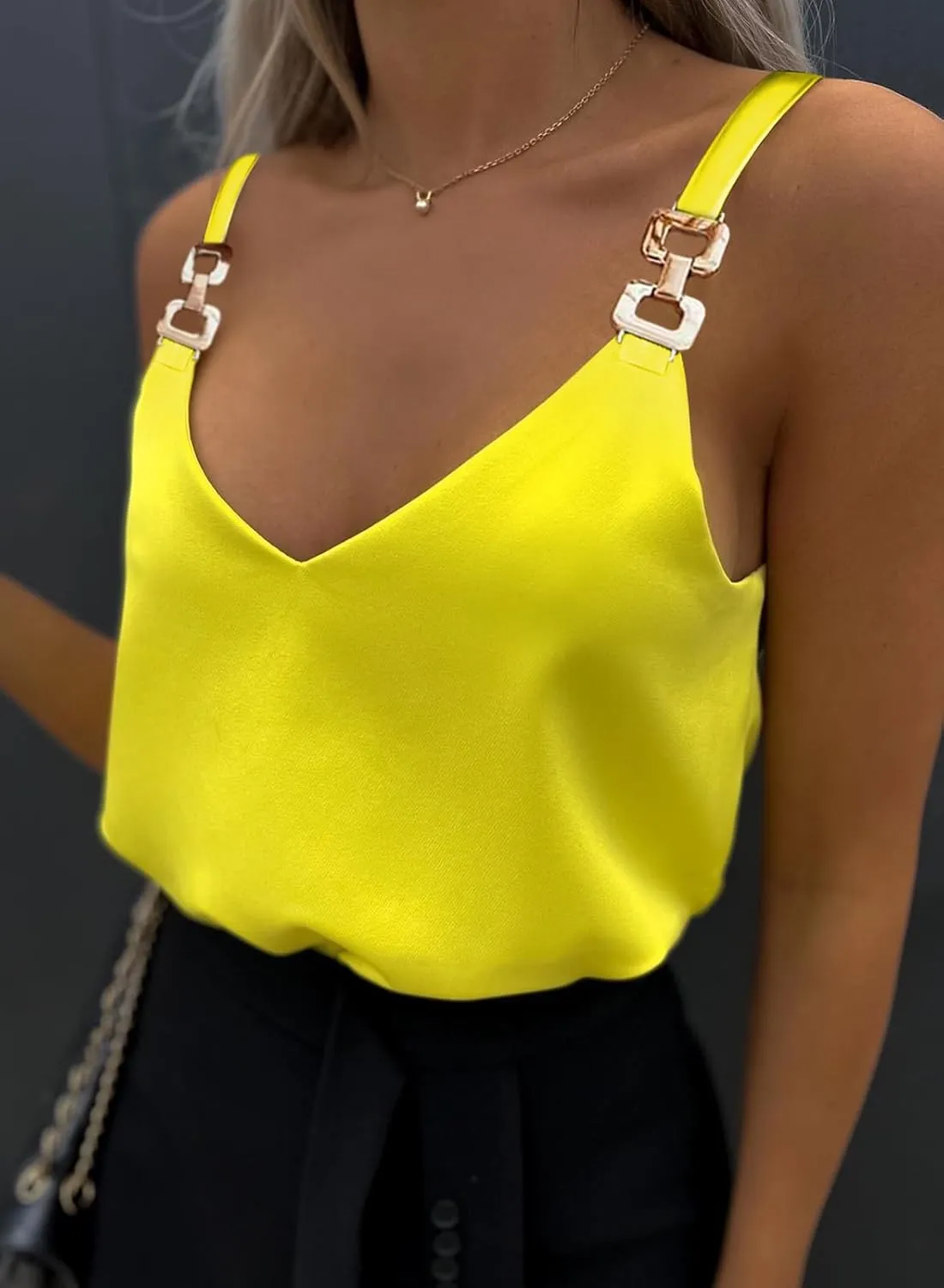 Womens Tops Chain Straps V Neck Chiffon Cami Shirts Fashion Tank Tops Sleeveless Blouses Tops