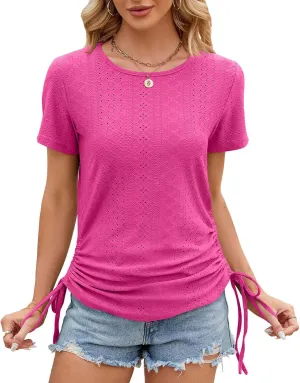 Women's Tops Crew Neck Shirts Summer Eyelet Short Sleeve Tunics Casual Drawstring Ruched Tie Side Basic Tee Shirt