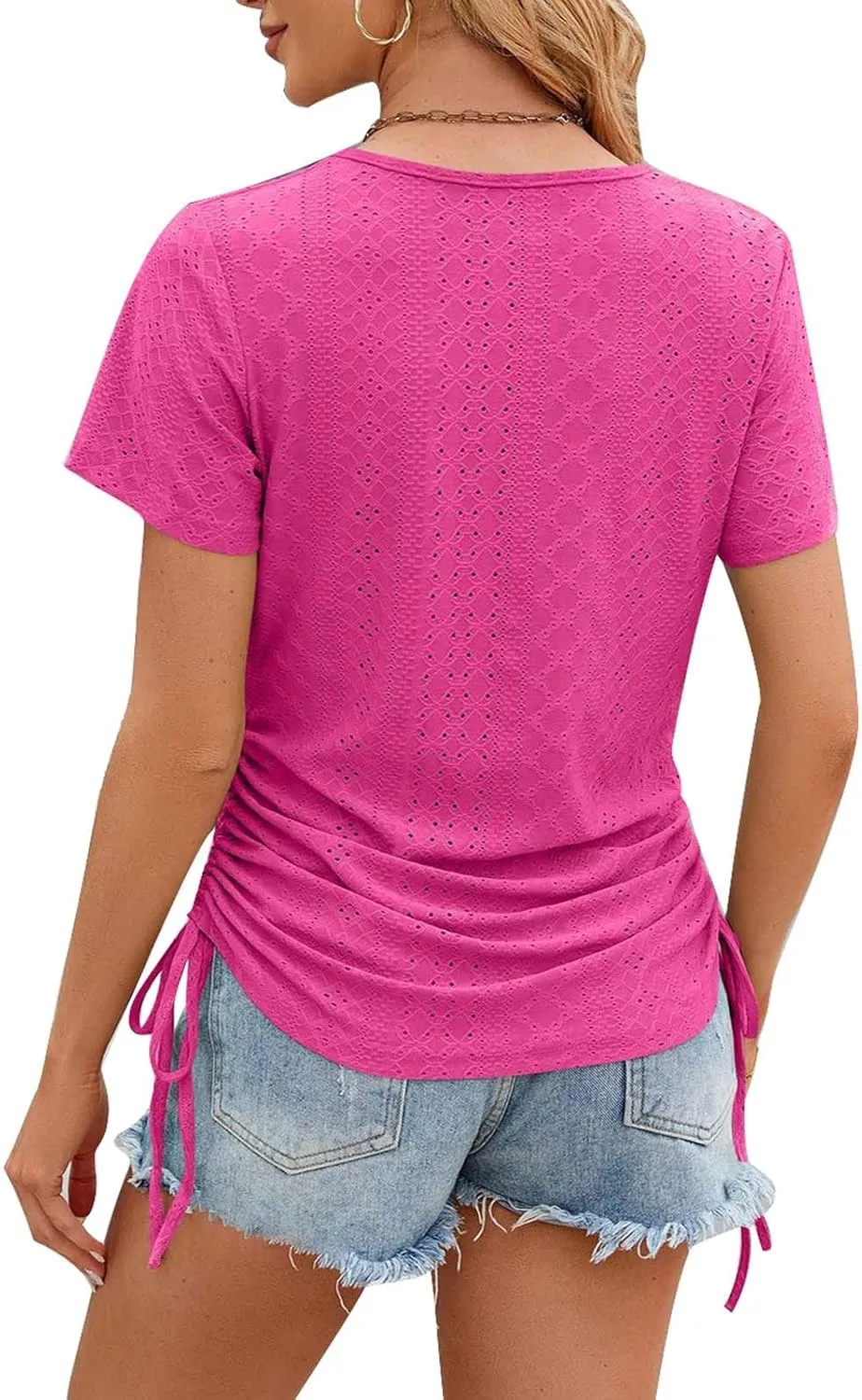 Women's Tops Crew Neck Shirts Summer Eyelet Short Sleeve Tunics Casual Drawstring Ruched Tie Side Basic Tee Shirt