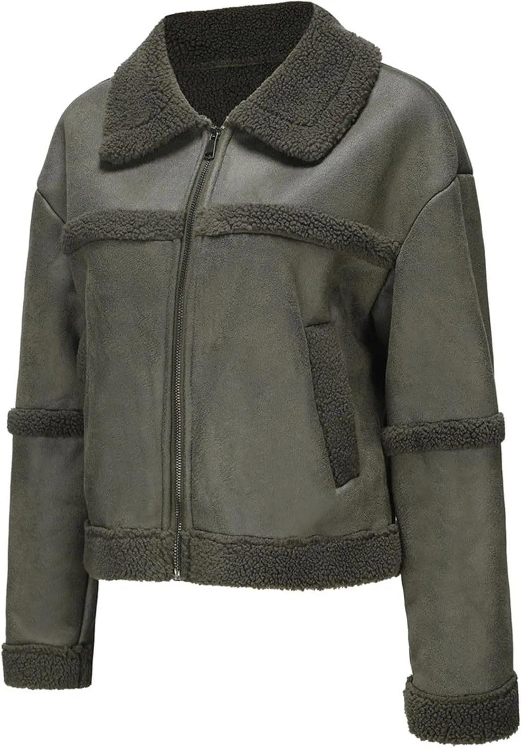 Women's Turn-Down Collar Faux Suede Jacket Motorcycle Bomber PU Bike Coat Outwear Warm Plush Faux Leather Jackets