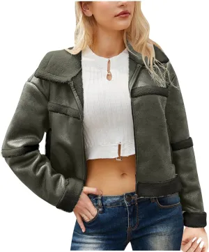 Women's Turn-Down Collar Faux Suede Jacket Motorcycle Bomber PU Bike Coat Outwear Warm Plush Faux Leather Jackets