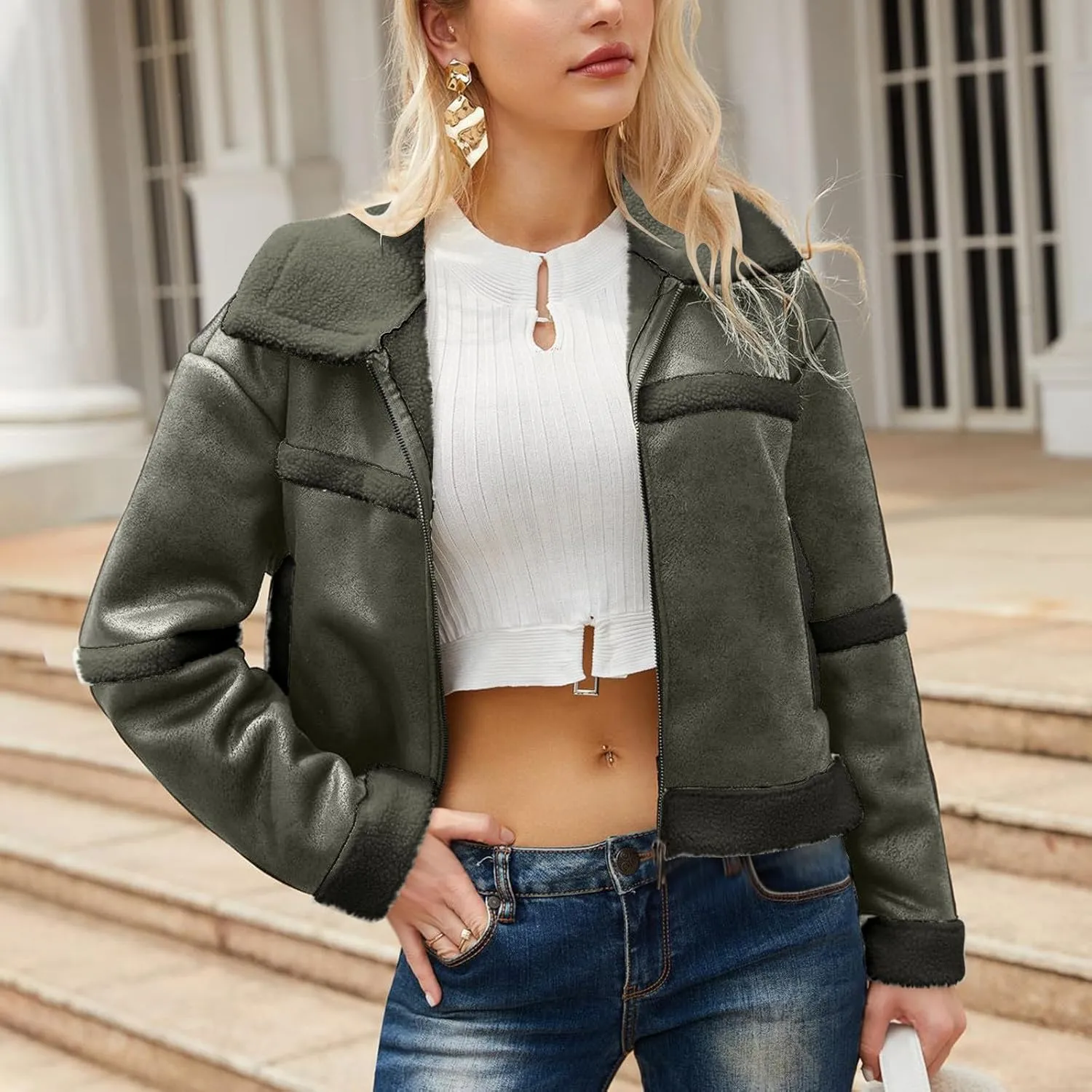 Women's Turn-Down Collar Faux Suede Jacket Motorcycle Bomber PU Bike Coat Outwear Warm Plush Faux Leather Jackets