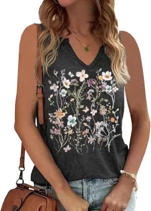 Womens V Neck Tops Flowers Graphic Tank Tops Sleeveless Summer Tops Casual Loose Vacation Tanks Clothes