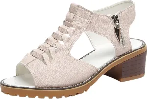 Womens Wedge Sandals Orthopedic Leather Peep Toe Cutout Zipper Chunky Heeled Arch Support Comfy Toe Dress