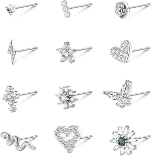 YADOCA 12 Pcs 20G Surgical Steel L Shaped Nose Rings Studs for Women Men - CZ Heart Butterfly Flower Snake Piercing Jewelry