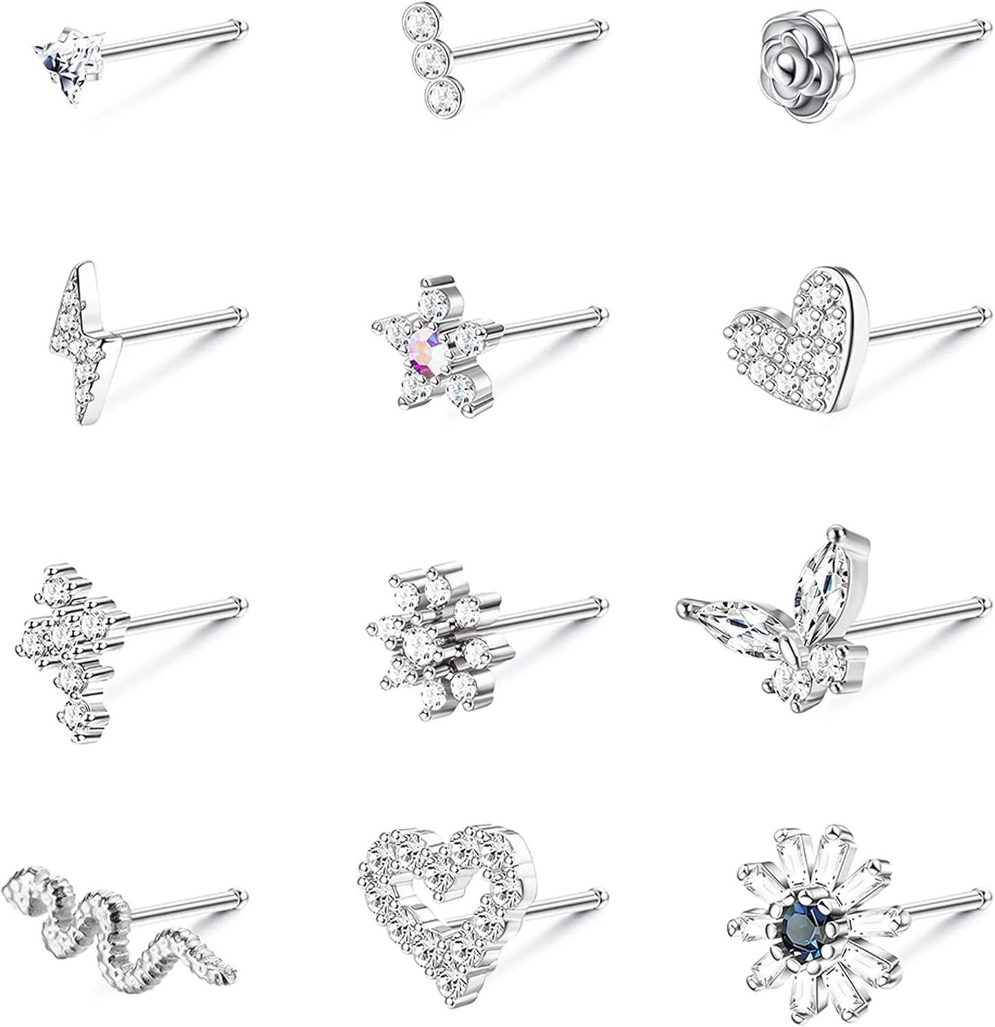 YADOCA 12 Pcs 20G Surgical Steel L Shaped Nose Rings Studs for Women Men - CZ Heart Butterfly Flower Snake Piercing Jewelry