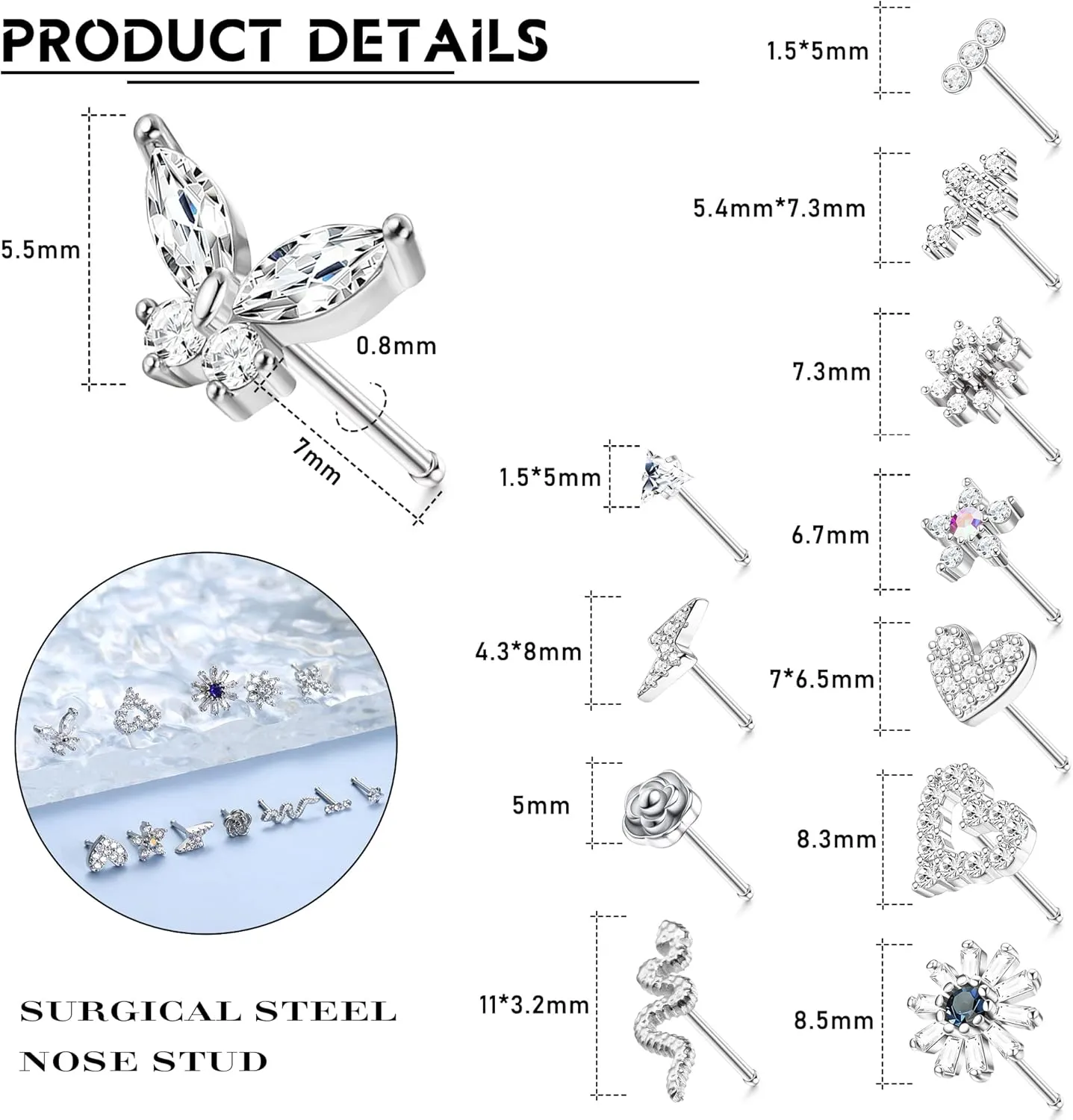 YADOCA 12 Pcs 20G Surgical Steel L Shaped Nose Rings Studs for Women Men - CZ Heart Butterfly Flower Snake Piercing Jewelry