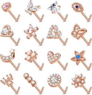 YADOCA Gold Nose Rings Studs for Women - 20G Surgical Steel Nose Ring L Shaped Nose Piercing Jewelry Hypoallergenic CZ Heart Nose Studs Silver Rose Gold 16Pcs