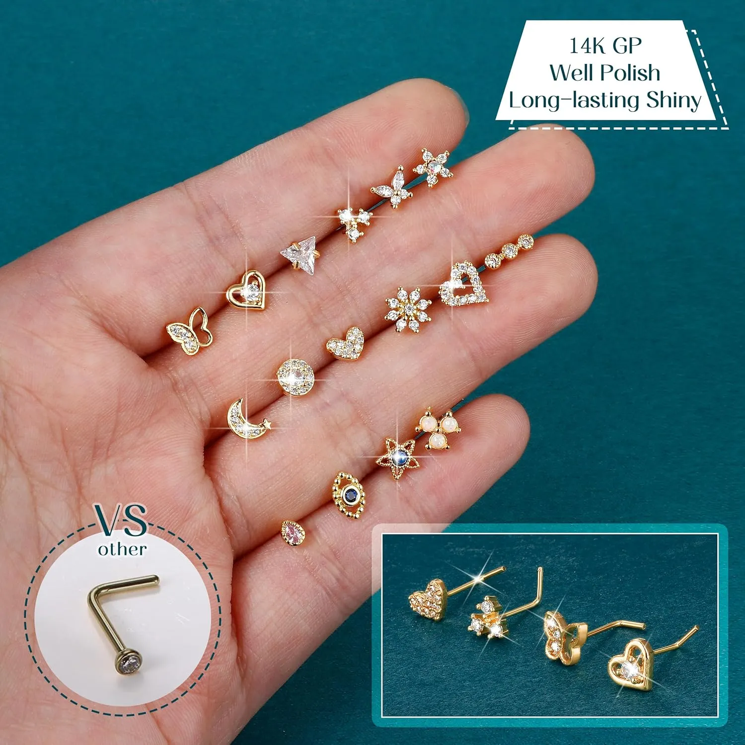 YADOCA Gold Nose Rings Studs for Women - 20G Surgical Steel Nose Ring L Shaped Nose Piercing Jewelry Hypoallergenic CZ Heart Nose Studs Silver Rose Gold 16Pcs