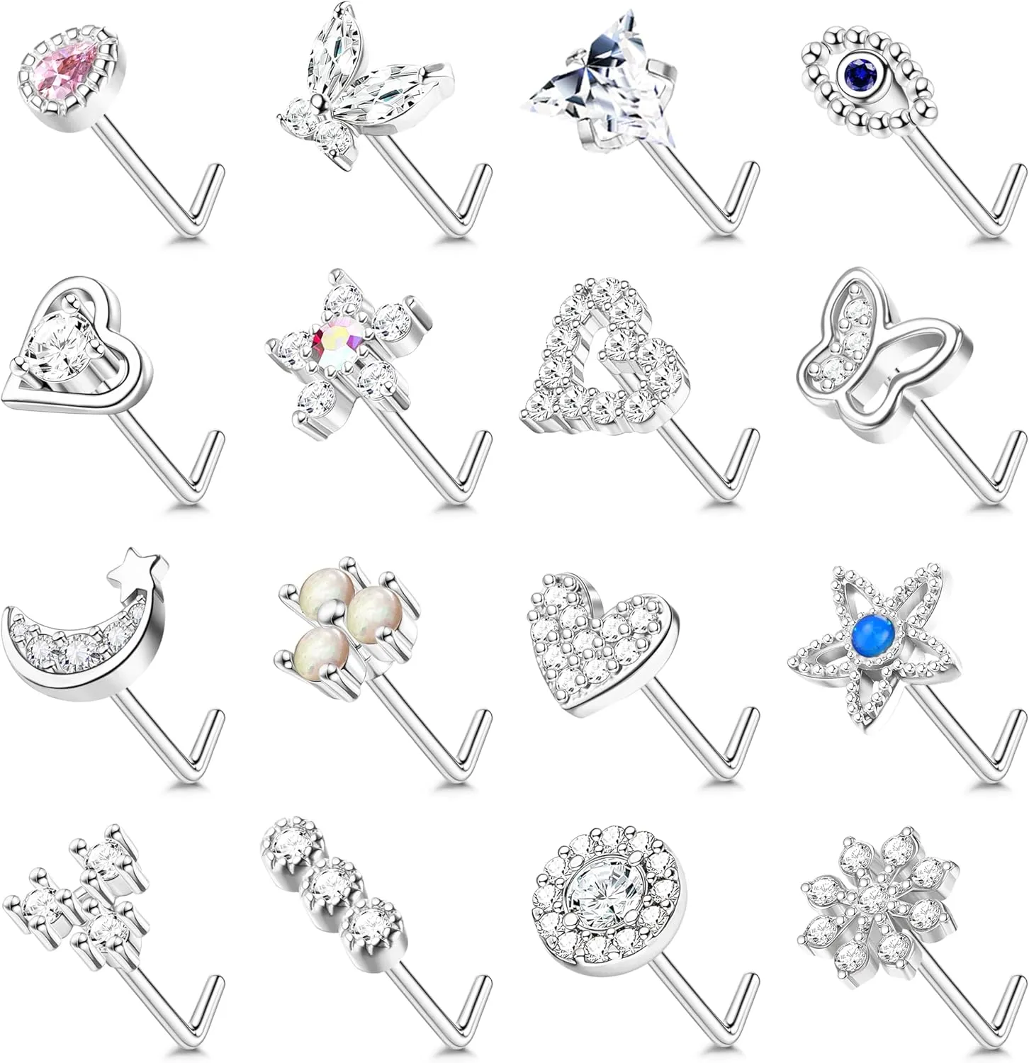 YADOCA Gold Nose Rings Studs for Women - 20G Surgical Steel Nose Ring L Shaped Nose Piercing Jewelry Hypoallergenic CZ Heart Nose Studs Silver Rose Gold 16Pcs