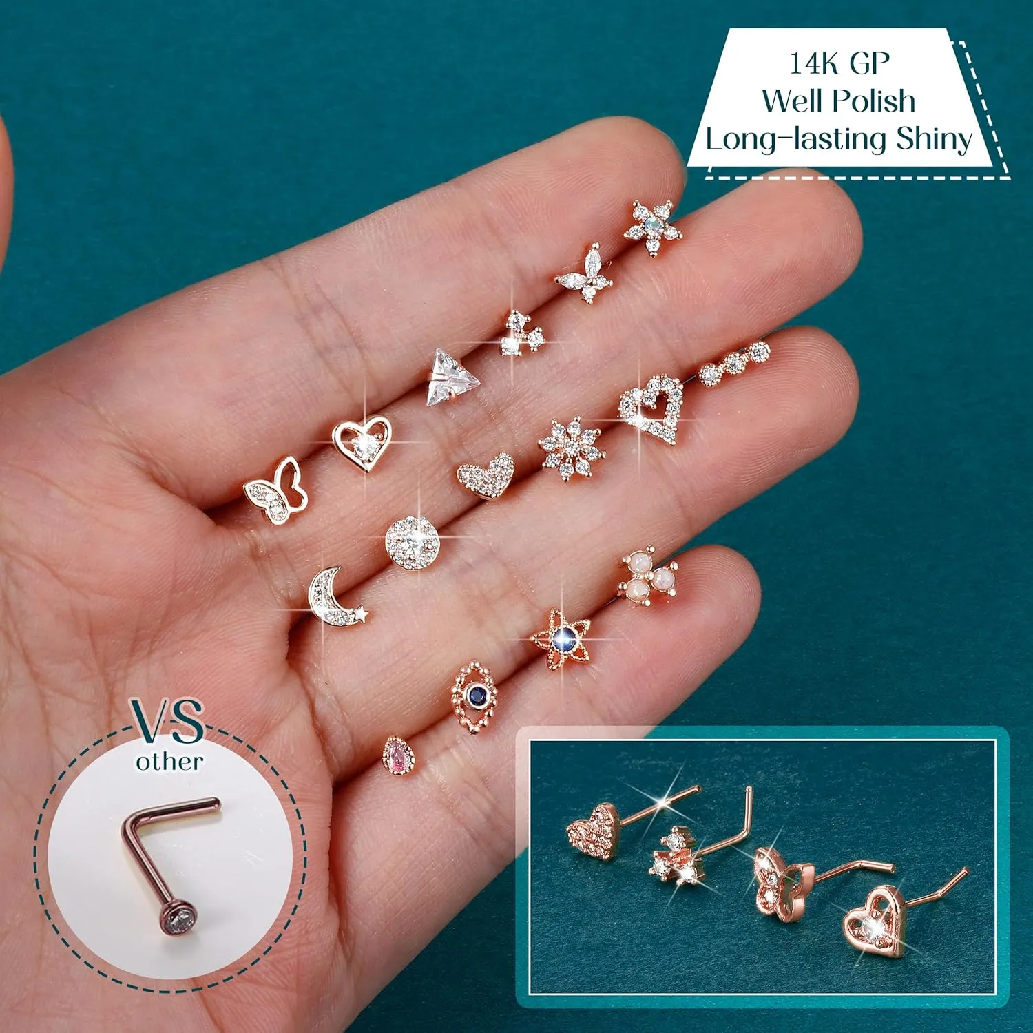 YADOCA Gold Nose Rings Studs for Women - 20G Surgical Steel Nose Ring L Shaped Nose Piercing Jewelry Hypoallergenic CZ Heart Nose Studs Silver Rose Gold 16Pcs