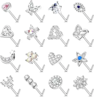YADOCA Gold Nose Rings Studs for Women - 20G Surgical Steel Nose Ring L Shaped Nose Piercing Jewelry Hypoallergenic CZ Heart Nose Studs Silver Rose Gold 16Pcs
