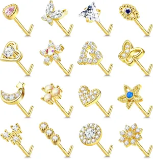 YADOCA Gold Nose Rings Studs for Women - 20G Surgical Steel Nose Ring L Shaped Nose Piercing Jewelry Hypoallergenic CZ Heart Nose Studs Silver Rose Gold 16Pcs