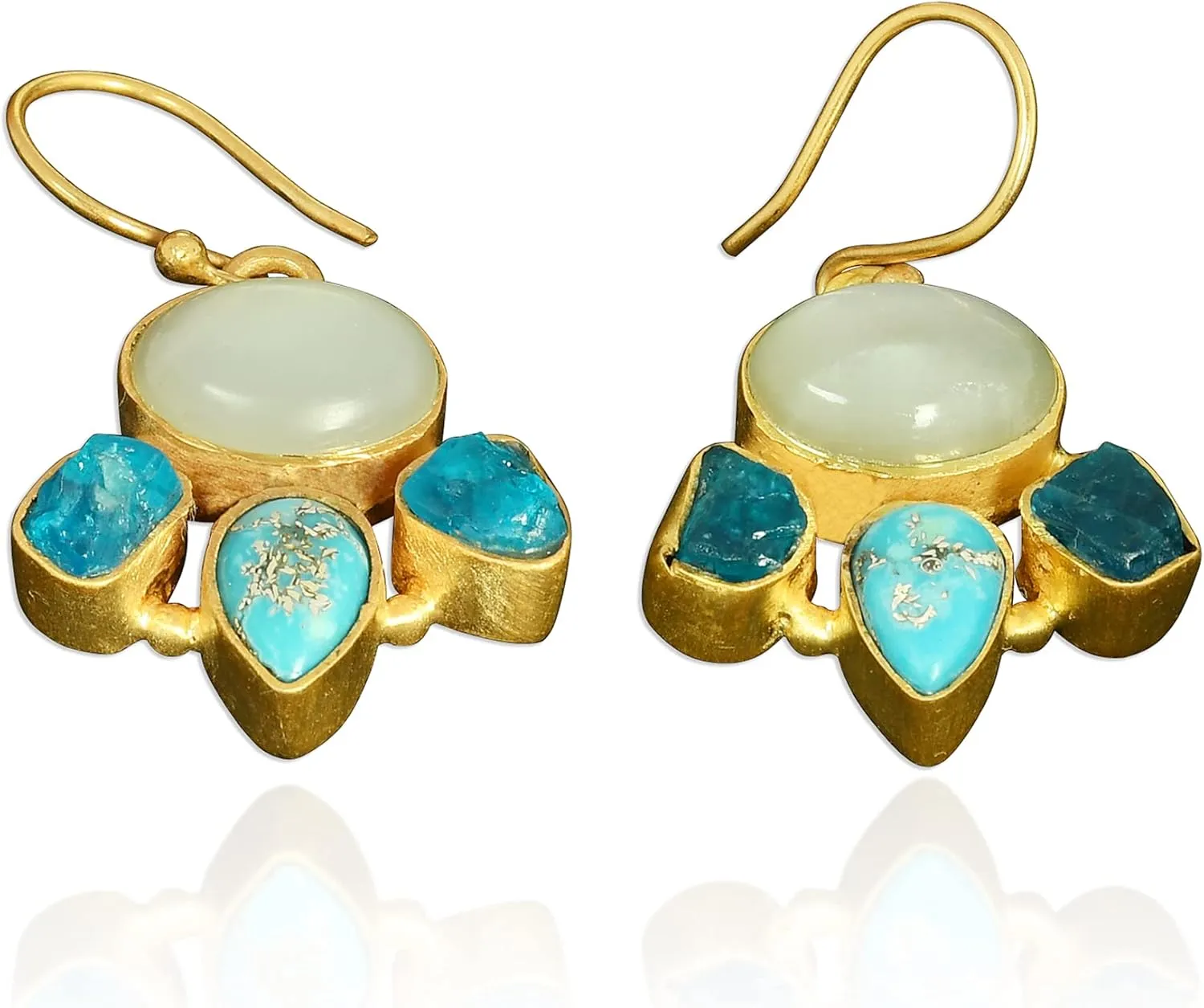 Yellow Gold Plated White Moonstone, Apatite And Turquoise Three Gemstone Small Drop Dangle Earrings For Wife's Gift