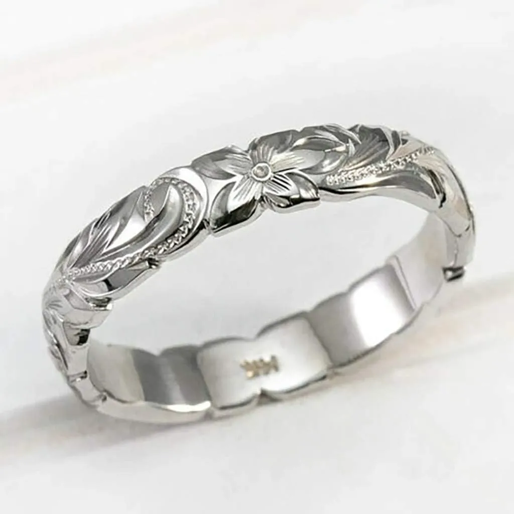 yellow Gold Ring for Women hand engraved plumeria scroll band ring smooth edge 6mm