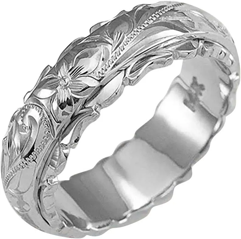 yellow Gold Ring for Women hand engraved plumeria scroll band ring smooth edge 6mm