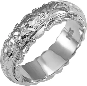 yellow Gold Ring for Women hand engraved plumeria scroll band ring smooth edge 6mm