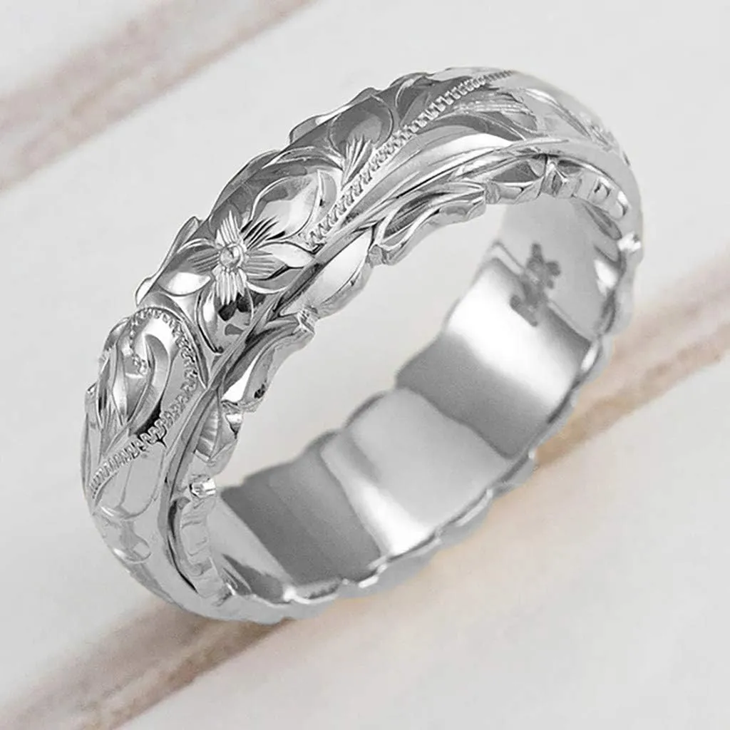 yellow Gold Ring for Women hand engraved plumeria scroll band ring smooth edge 6mm
