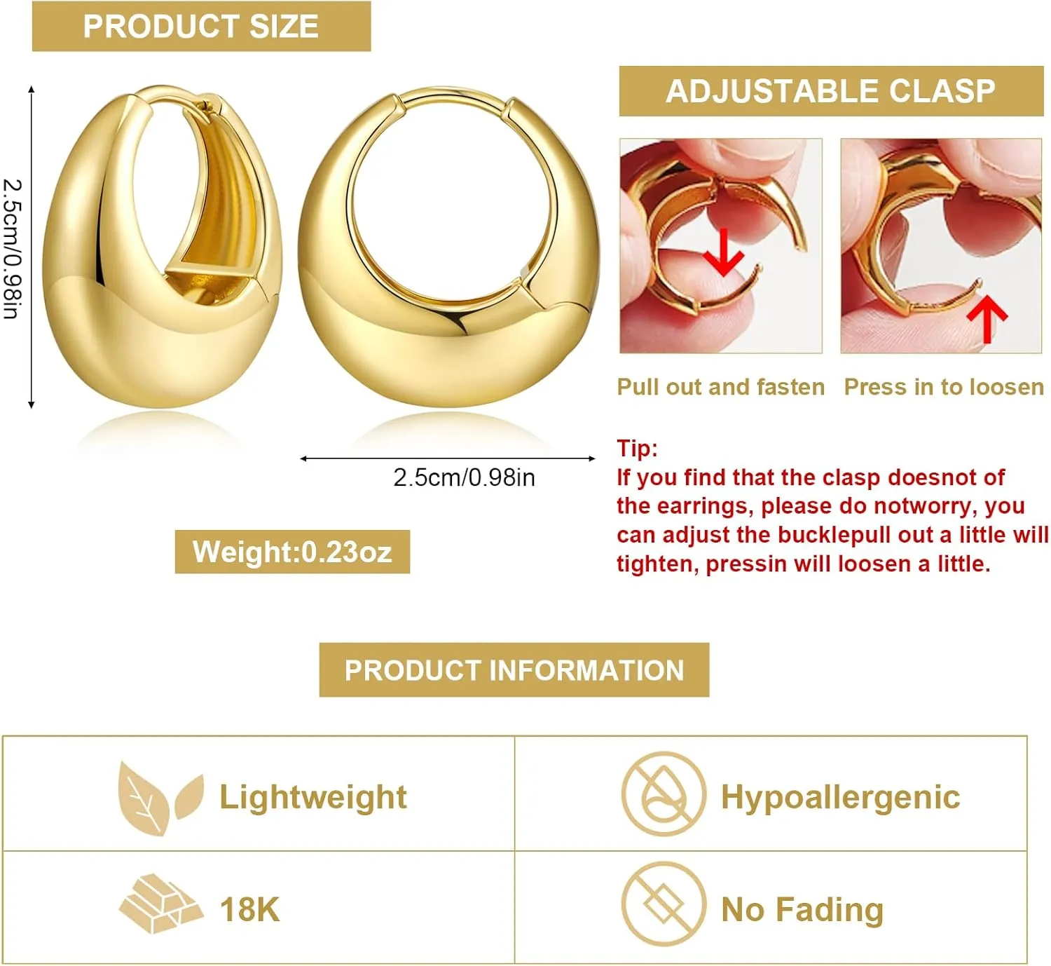YUJIE Chunky Gold Huggie Earrings - 18K Gold Plated, Hypoallergenic Hoops for Women & Men