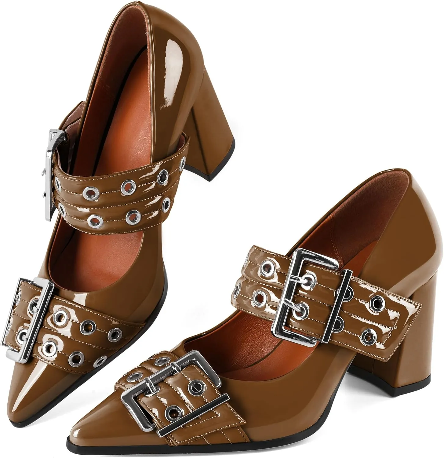 Zamikoo Buckle Shoes for Women Mary Jane Closed Pointed Toe Slip On Chunky Block High Heel Pumps