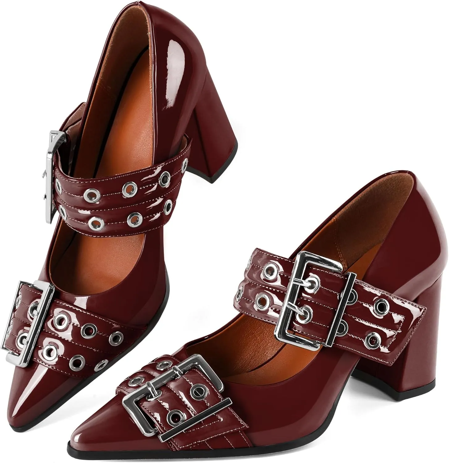 Zamikoo Buckle Shoes for Women Mary Jane Closed Pointed Toe Slip On Chunky Block High Heel Pumps