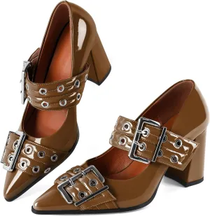 Zamikoo Buckle Shoes for Women Mary Jane Closed Pointed Toe Slip On Chunky Block High Heel Pumps
