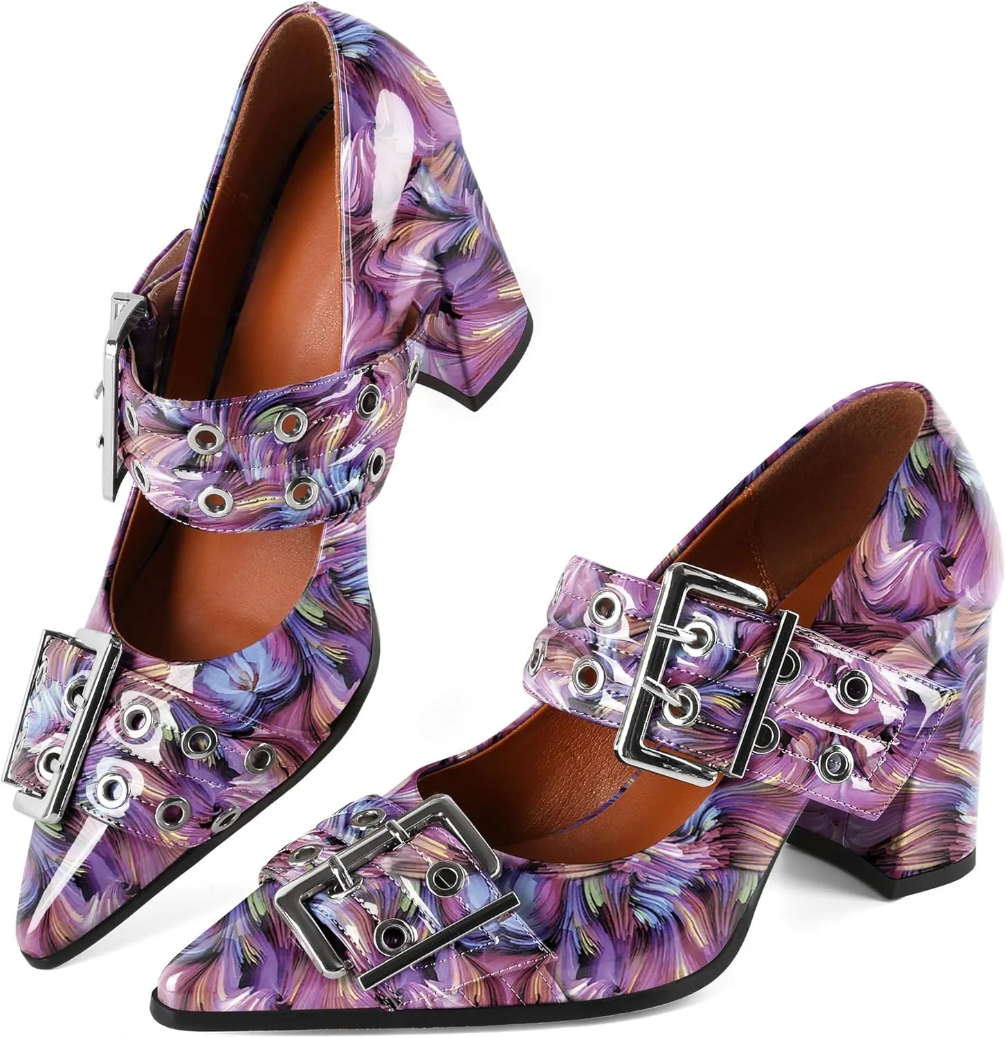 Zamikoo Buckle Shoes for Women Mary Jane Closed Pointed Toe Slip On Chunky Block High Heel Pumps