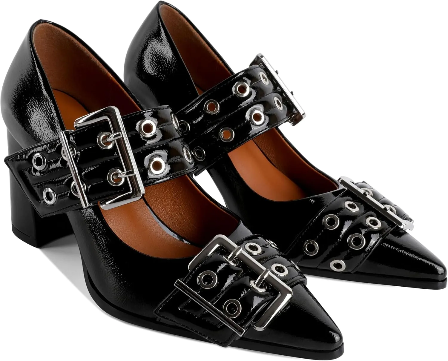Zamikoo Buckle Shoes for Women Mary Jane Closed Pointed Toe Slip On Chunky Block High Heel Pumps