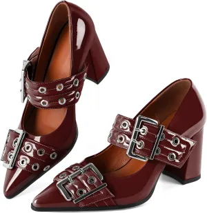 Zamikoo Buckle Shoes for Women Mary Jane Closed Pointed Toe Slip On Chunky Block High Heel Pumps