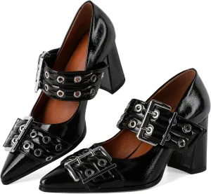 Zamikoo Buckle Shoes for Women Mary Jane Closed Pointed Toe Slip On Chunky Block High Heel Pumps