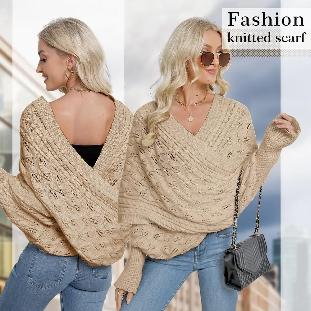 Zcargel Multifunctional Scarf with Sleeves for Women Long Sleeved Knitted Shawl Sweater Shrug Autumn Winter Warm Crochet Wrap