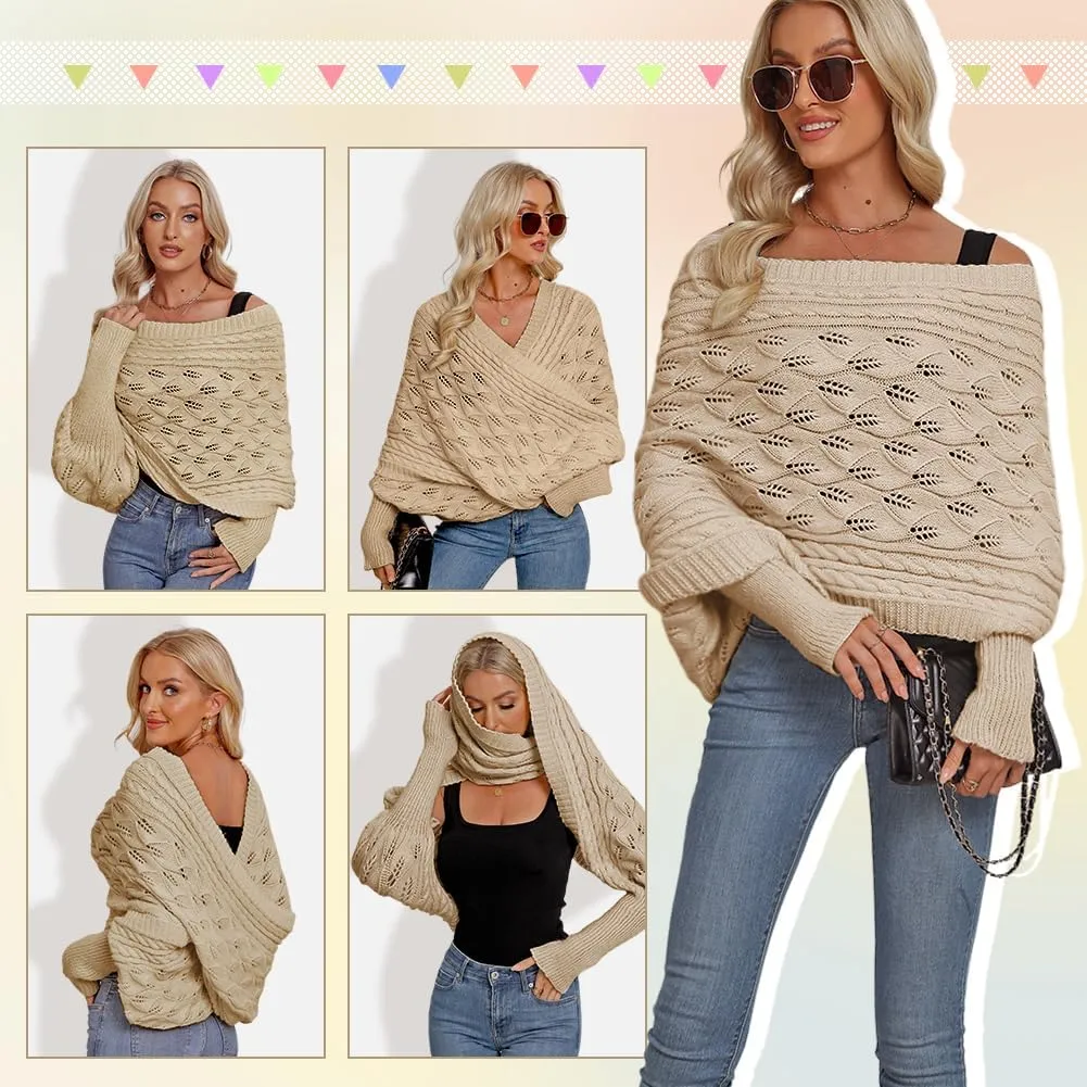 Zcargel Multifunctional Scarf with Sleeves for Women Long Sleeved Knitted Shawl Sweater Shrug Autumn Winter Warm Crochet Wrap